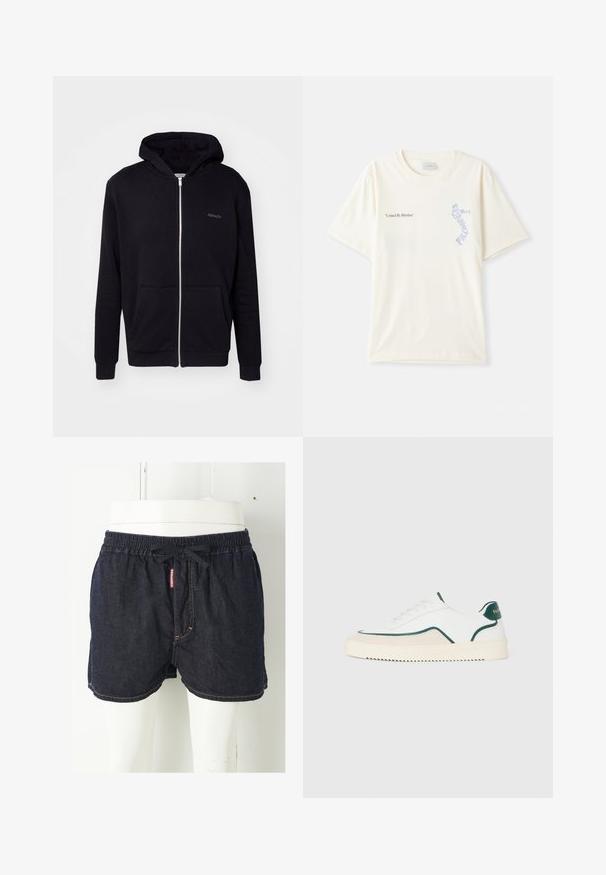 Mustal zip-up jakken pehmest kangast. Omab kapuutsi, esikotte ja soonikuid. Sisaldab diskreetset brändingut rinnal.; Valge puuvillane t-särk lühikeste varrukatega, millel on rinnal musta ja sinise graafikaga tekst "United By Rhythm". Ümmargune kaelus.; Tumedat sinise denimist lühikesed püksid, millel on elastne vöökoht, pael ja kontrastne kollane õmblus. Ees on bränditud silt.; Valge madal spordijalats roheline ääris, beežist seemisnahast detailid ja kreemjasvärvi tallaga, millel on sooneline põhi.