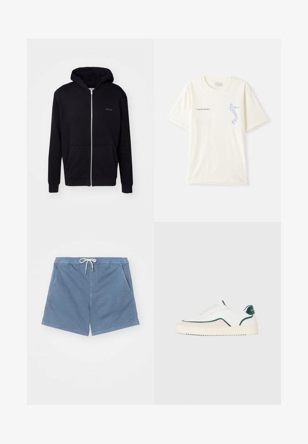 Černá mikina na zip vyrobená z měkké látky. Má kapuci, přední kapsy a žebrované manžety. Obsahuje jemné logo na hrudi.; Bílá bavlněná tričko s krátkým rukávem, se zapnutím "United By Rhythm" v černé a modré grafikou na hrudi. Kulatý výstřih.; NN.07 GREGOR - Šortky - blue; Bílé nízké tenisky s zeleným lemem, bežovým semišovým detailem a krémovou podrážkou s vroubkovaným dnem.