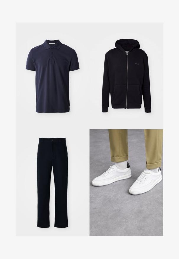 Černá mikina na zip vyrobená z měkké látky. Má kapuci, přední kapsy a žebrované manžety. Obsahuje jemné logo na hrudi.; Námořnická modrá polo tričko vyrobené z bavlny, s klasickým límečkem, trojím knoflíkovým zapínáním a jemně embossovaným logem značky na hrudi.; Námorně modré kalhoty vyrobené ze 100 % bavlny, s rovnými nohavicemi, předním zapínáním na knoflík a klasickým pasem s poutky na pásek.; Bílé tenisky s texturovaným koženým povrchem, zaoblenou špičkou a černým akcentem na patě. Gumová podrážka s malým vzorem a šitými detaily.