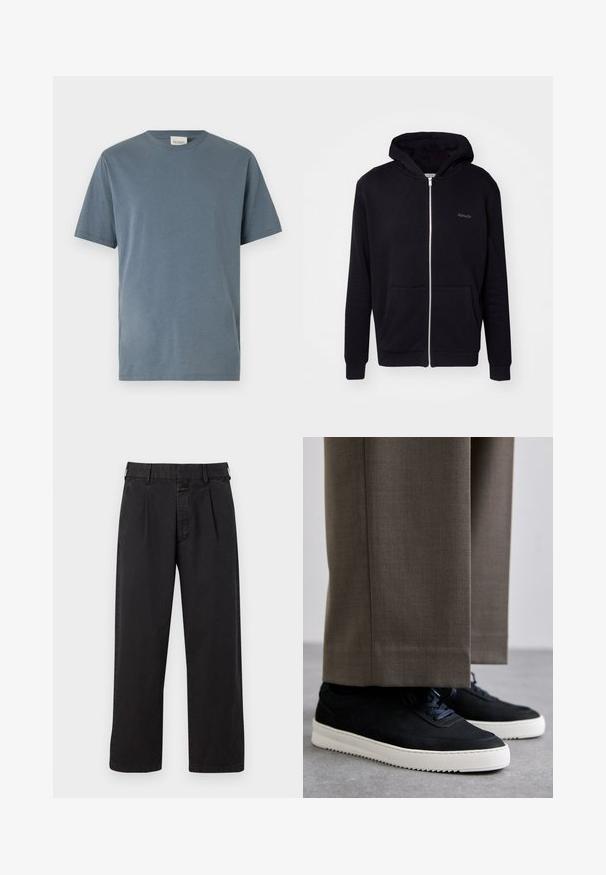 Black zip-up hoodie made of soft fabric. Features a hood, front pockets, and ribbed cuffs. Includes subtle branding on the chest.; Short-sleeve T-shirt in soft, medium blue cotton. Features a classic crew neck, straight cut, and minimal stitching details.; Black cotton trousers with a straight cut, featuring a pleated front, belt loops, and a button closure. Smooth texture without patterns.; Black suede sneakers with white rubber soles, featuring a rounded toe and laces, worn with gray tailored pants.
