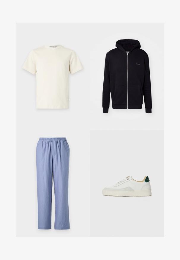 Svart zip-up hettegenser laget av mykt stoff. Har hette, frontlommer og ribbede mansjetter. Inkluderer diskret merkevare på brystet.; Lys beige bomulls t-skjorte med rund hals og korte ermer. Har en rett snitt og en liten logo-tag på venstre side.; Lys blå, løstsittende bukser med elastisk midje, to sidelommer og rette ben. Laget av myk stoff med en jevn tekstur.; Hvit sneakers med semsket detaljer, rund tå, flate snøringer og en kremfarget gummisåle. Har grønn merking på hælen.