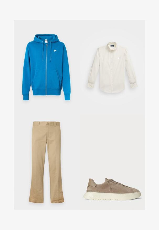 Türkiz színű, cipzáros kapucnis felső, puha anyagból készült, elöl zsebekkel és a bal felső részen fehér Nike logóval.; Fehér, hosszú ujjas, pamut ing, gombos gallérral, egyetlen mellzsebbel és egy kis sötétkék logóval a bal oldalon.; Bézs színű harang szabású nadrág, pamutkeverék anyagból készült, gombos záródással, övhurkokkal és sima textúrájú lapos elülső résszel.; Taupe színű velúr sportcipők fehér gumi talppal. Jellemzők közé tartozik a fűzős eleje és a logó, amely az oldalon és a sarkon található.