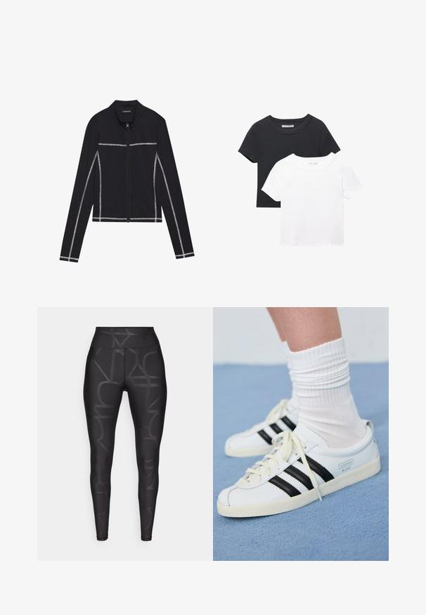 Even&Odd Sweatjacke - black; Zwei kurzärmelige T-Shirts übereinander gestapelt; eines ist schwarz, das andere ist weiß. Beide haben einen runden Ausschnitt und eine weiche, schlichte Textur.; Schwarze Leggings mit einem subtilen geometrischen Muster, hoher Taille und einer glatten, dehnbaren Textur für Komfort und Bewegung.; Weiße Ledersneaker mit schwarzen Streifen, cremefarbener Sohle und hellen Schnürsenkeln. Getragen mit weißen gerippten Socken, positioniert vor einem blauen Hintergrund.