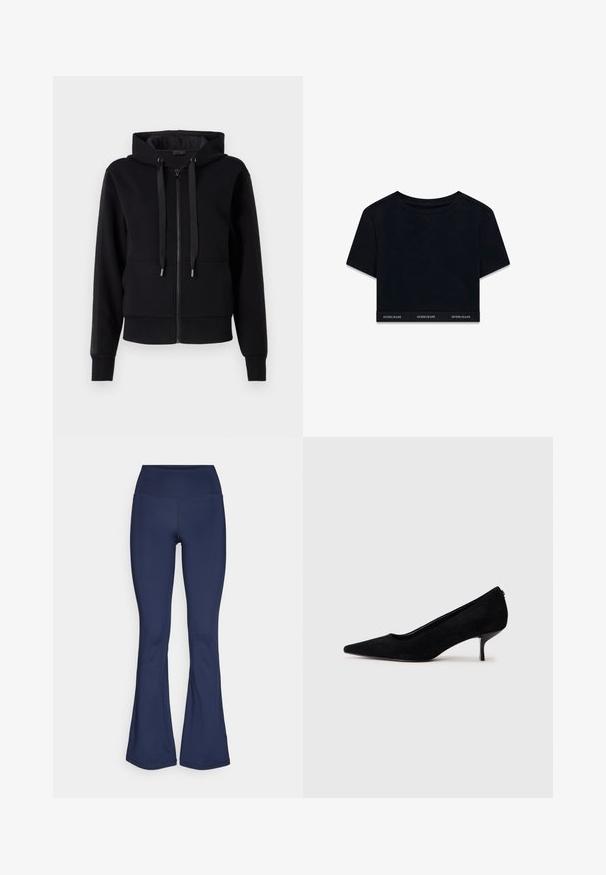 Melnā zip-up kapuce, izgatavota no mīksta auduma, ar kapuci, auklītēm un ribinātiem piegaliem. Gluda tekstūra ar sānu paneļu akcentiem.; Melnas īsās piedurknes krekls no mīksta auduma ar apaļu kakla izgriezumu. Apakšmalā ir zīmola josla ar uzrakstu "GUESS JEANS" baltā krāsā.; Jūras zila, izplestā bikses, izgatavotas no elastīga auduma, ar augstu jostu, gludu tekstūru un bez redzamām rakstu vai dzelžiem.; Melnas zamšādas augstpapēžu kurpes ar vienu punktētu purngalu un šauru, zemu papēdi. Gluda tekstūra ar elegantu dizainu, bez redzamiem aksesuāriem.