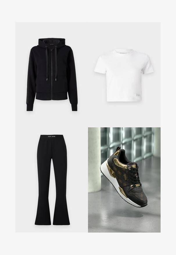 Črna zip-up kapuca iz mehkega materiala, ki ima kapuco, vrvici in rebraste manšete. Gladka tekstura z stranskimi panelnimi poudarki.; Bela skrajšana majica iz gladkega bombaža, z visokim ovratnikom in kratkimi rokavi. Majhen vezen logotip v spodnjem kotu.; Črne razširjene hlače iz raztegljivega blaga z elastičnim pasom in logotipom "JOOP! JEANS". Gladek material s prilagojeno silhueto.; Črne superge z zlatimi poudarki, ki imajo teksturiran vzorec logotipa, kovinske detajle in udoben bel podplat.