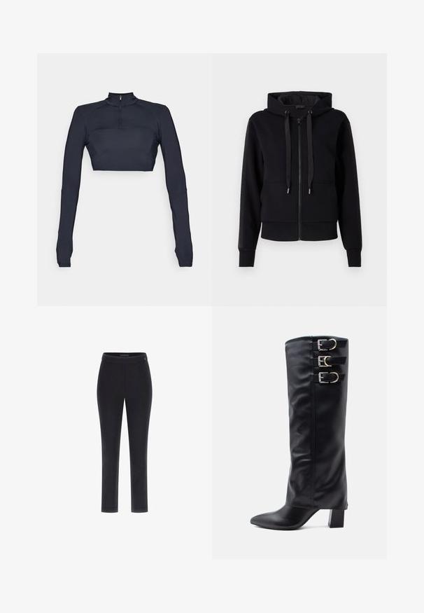 Juodas zip-up palaidinukas, pagamintas iš minkštos medžiagos, su kapišonu, raišteliais ir gaubtas. Lygus paviršius su šoninės panelės akcentais.; Tamsiai mėlynos ilgos rankovės trumpas viršus su imitaciniu kaklu ir ketvirtinių užtrauktuku, su tekstūruotais pečių intarpais ir prigludusia siluetu.; Juodos aptemptos kelnės su lygia tekstūra, tiesiais kojų kirpimais ir plačiu juosmeniu. Ant juosmens yra mažas logotipas.; Juodos aukštos batai iki kelių, pagaminti iš lygios dirbtinės odos, su smailiu nosiu, šone turintys tris sidabrinius sagtis ir masyviu kulnu.