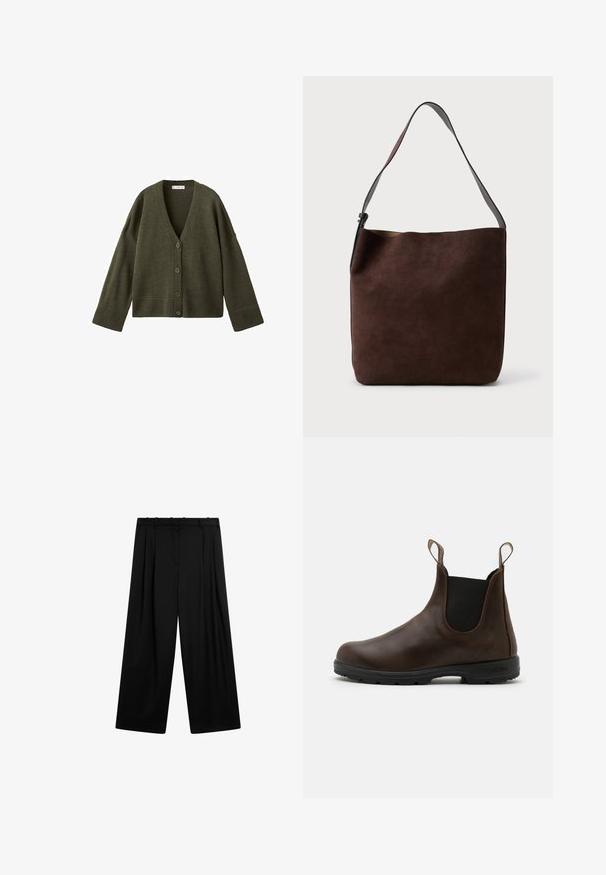 Gilet en tricot vert olive avec un col en V, fermeture à cinq boutons, et des poignets et un ourlet à larges côtes. Texture douce et coupe décontractée.; Pull en col roulé bordeaux en tissu doux et extensible ; il dispose de manches longues et d'un col haut enroulé pour plus de chaleur.; Massimo Dutti DARTED - Pantalon classique - black; Bottines en cuir brun avec des panneaux élastiques sur les côtés, des languettes de tirage et une semelle en caoutchouc texturée. Présente un design moderne et arrondi au niveau des orteils.; Sac à épaule en daim marron avec une texture lisse et une seule sangle ajustable ; arbore un design minimaliste et un logo discret sur le devant.