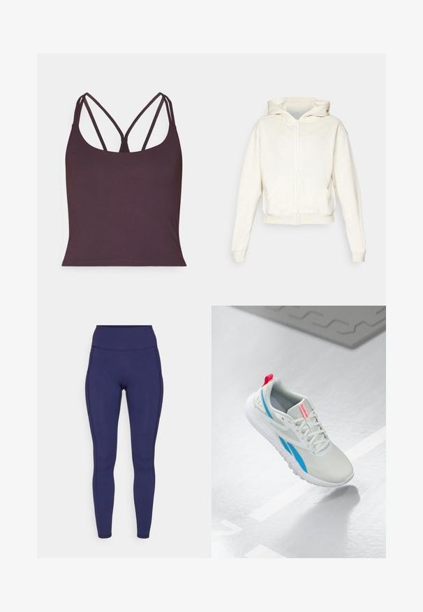 Sudadera con cremallera color crema, con capucha, hombros caídos, bolsillos tipo canguro en el frente y puños y dobladillo de canalé. Tejido suave y texturizado.; Top sin mangas de color púrpura oscuro, fabricado con un material suave y con tirantes dobles finos y un escote redondeado. Bajo sin costuras.; Leggings de talle alto en color navy, fabricados con tejido elástico. Presentan costuras planas y un ajuste ceñido, con dos bolsillos laterales para almacenamiento.; Zapatilla Reebok blanca y azul con una pestaña roja flotando sobre un suelo brillante con un tapete de goma gris cerca.