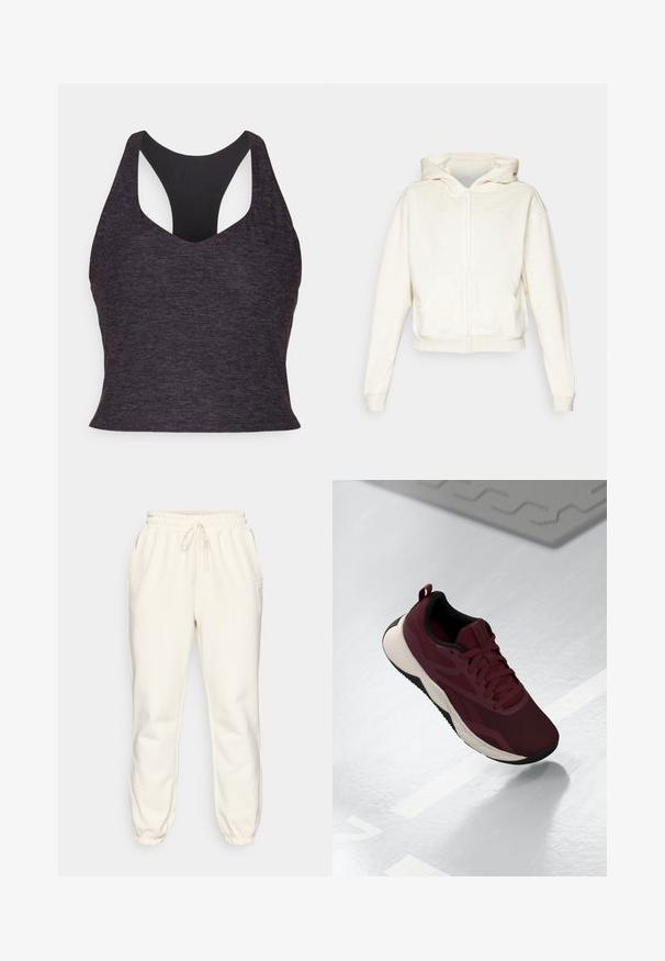 Valkoisenvärinen vetoketjuhuppari, jossa on huppu, laskeutuvat olkapäät, etupuolella kengurulaukut sekä ribbaus hihansuissa ja helmasssa. Pehmeää, teksturoitua kangasta.; Urheiluliivit tummanharmaana, jossa on sileä pinta, leveä urheilurintaliivejä tukevalla muotoilulla ja syvällä V-mallisella kaula-aukolla parannetun tuen tarjoamiseksi.; Harmaita liikuntapukuja pehmeästä kankaasta, jossa on joustava vyötäröstringi, sivutaskut ja kapenevat hihansuut nilkoissa.; Maroon urheilukengät, joissa on verkkovuori, mustat yksityiskohdat ja pehmustettu valkoinen pohja. Varustettu nauhoilla suljettavalla systeemillä ja kantapään vetotukiremmillä.