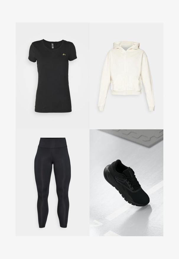Sudadera con cremallera color crema, con capucha, hombros caídos, bolsillos tipo canguro en el frente y puños y dobladillo de canalé. Tejido suave y texturizado.; ONLY Play ONPCLARISSA TRAIN TEE - Camiseta básica - black; Leggings negros de cintura alta y largo completo con tejido suave y detalles de costura visibles en la parte frontal y la cinturilla.; Zapatilla deportiva negra con parte superior de malla, punta redonda, suela acolchada y acentos texturizados, situada sobre una superficie blanca suave.