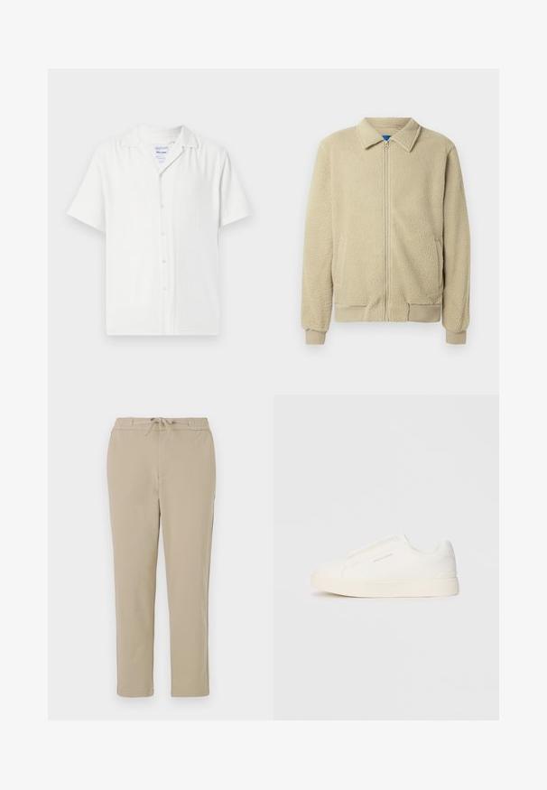 Veste en polaire beige avec fermeture éclair frontale, col montant, deux poches latérales, poignets et ourlet côtelés. La texture semble douce et confortable.; Chemise blanche à manches courtes avec un devant à boutons, en tissu texturé, dotée d'un col et d'une coupe décontractée.; Pantalons lounge beiges avec une taille élastique et un cordon de serrage, présentant une coupe droite et une texture douce et lisse.; Baskets blanches sans lacets avec une surface texturée, une semelle épaisse et un design minimaliste. Présente le logo de la marque sur le côté.