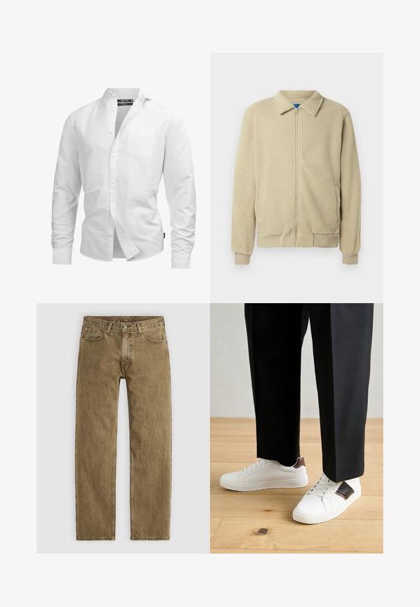 Beige fleece jacket with a zip front, stand collar, two side pockets, ribbed cuffs, and hem. The texture appears soft and cozy.; White long-sleeve button-up shirt in cotton, featuring a chest pocket, classic collar, and standard fit with a curved hem.; Light brown denim jeans with a straight leg design, five-pocket styling, and copper-tone hardware. Textured fabric with visible stitching details.; White sneakers with smooth texture, featuring brown leather accents and black detailing, paired with black tailored pants. Wooden floor background.