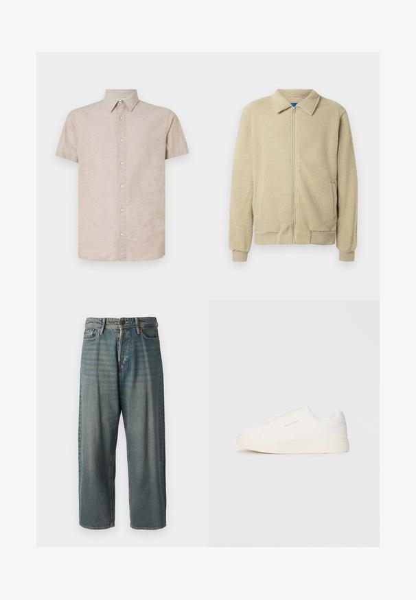 Veste en polaire beige avec fermeture éclair frontale, col montant, deux poches latérales, poignets et ourlet côtelés. La texture semble douce et confortable.; Chemise beige à manches courtes en tissu texturé avec col boutonné, présentant une patte de boutonnage à l'avant avec des boutons de couleur claire et un ourlet droit.; Jeans en denim bleu clair avec une coupe ample, taille mi-haute et jambes droites. Comprend cinq poches, des passants de ceinture et une fermeture à bouton.; Baskets blanches sans lacets avec une surface texturée, une semelle épaisse et un design minimaliste. Présente le logo de la marque sur le côté.