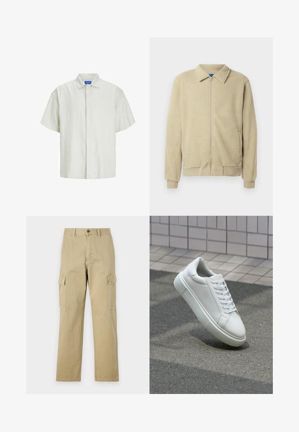 Beige fleece jacket with a zip front, stand collar, two side pockets, ribbed cuffs, and hem. The texture appears soft and cozy.; Short-sleeve, light green button-up shirt made from a textured fabric, featuring a classic collar and six white buttons down the front.; Beige cargo pants made of cotton, featuring two side pockets, a button closure, and straight legs with a slightly textured fabric.; White leather sneaker with a smooth surface, round toe, and flat white laces. Features a textured rubber sole and minimal design elements.