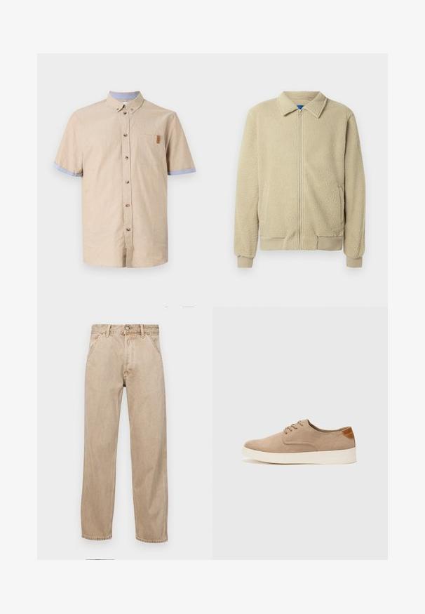 Veste en polaire beige avec fermeture éclair frontale, col montant, deux poches latérales, poignets et ourlet côtelés. La texture semble douce et confortable.; Chemise à manches courtes avec boutons en lin beige et accents bleus sur les manches. Présente une poche poitrine et des boutons marron. Texture lisse.; Jeans en denim beige avec une coupe droite, dotés de poches avant, d'une fermeture à bouton en métal et d'une texture subtile.; Baskets en daim beige avec un embout arrondi, un laçage sur le devant et un accent texturé à l'arrière. La semelle en caoutchouc blanche offre un contraste. Design simple et moderne.