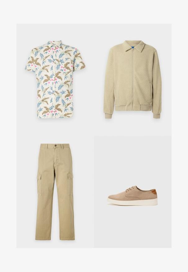 Béžová flísová bunda so zipsom vpredu, stojačikom, dvoma bočnými vreckami, rebrovanými manžetami a lemom. Textúra je mäkká a príjemná na dotyk.; Krátka košeľa s krátkym rukávom v svetlej béžovej bavne, s tropickým kvetinovým vzorom s ružovými a modrými akcentmi a zapínaním na gombíky.; Bežové cargo nohavice vyrobené z bavlny, s dvoma bočnými vreckami, zapínaním na gombík a rovným strihom s mierne textúrovanou tkaninou.; Béžové semišové tenisky s okrúhlou špičkou, šnurovaním vpredu a textúrovaným zadným akcentom. Biela gumová podrážka poskytuje kontrast. Jednoduchý a moderný dizajn.