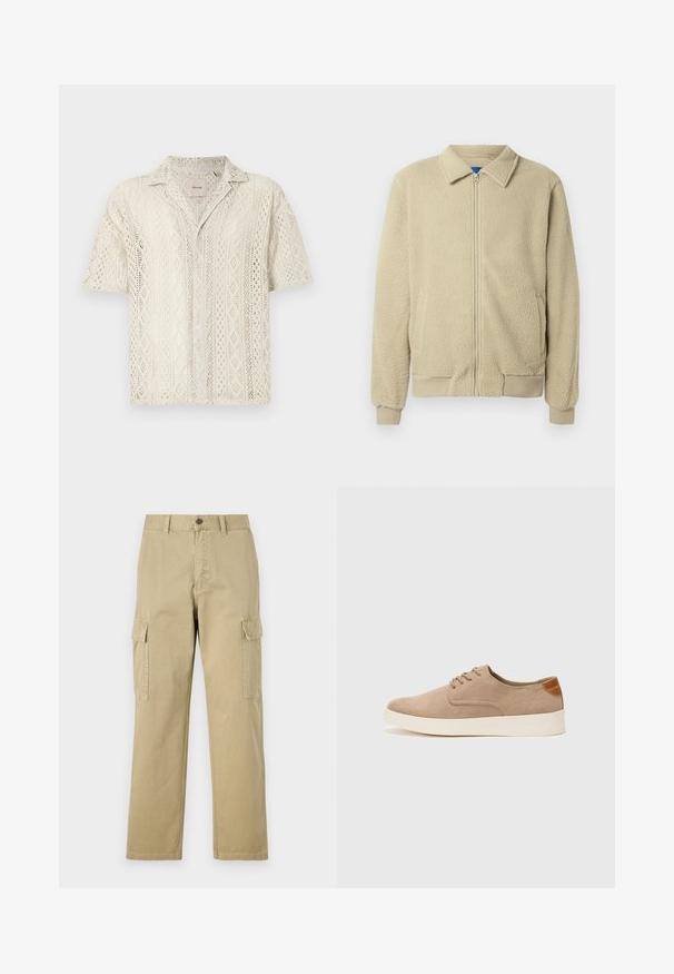 Bēša fleeces jaka ar rāvējslēdzēja priekšpusi, stāvu apkakli, divām sānu kabatām, ribām apstrādātām aprocēm un apakšu. Faktūra izskatās mīksta un patīkama.; Krāsa: krēmveida. Īsām piedurknēm, pogājama krekla dizains ar mežģīņu līdzīgu adījuma rakstu, kurā ir dimanta formas. Mīksta tekstūra ar brīvu piegriezumu.; Beige kravas bikses no kokvilnas, kas aprīkotas ar divām sānu kabatām, pogu aizdari un taisnām kājām ar nedaudz teksturētu audumu.; Beige zamšādas kedas ar noapaļotu purngala daļu, auklēm saplacinātu priekšpusi un teksturētu aizmugures akcentu. Balta gumijas zole nodrošina kontrastu. Vienkāršs un mūsdienīgs dizains.