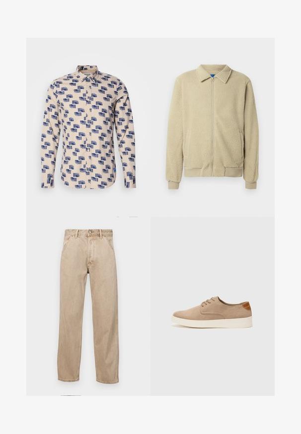 Giacca in pile beige con zip frontale, collo alto, due tasche laterali, polsini e orlo a costine. La texture appare morbida e accogliente.; Camicia a maniche lunghe con bottoni di colore beige chiaro, caratterizzata da un motivo geometrico blu. Realizzata in tessuto leggero, con colletto e vestibilità regolare.; Jeans in denim beige con un design a gamba dritta, dotati di tasche frontali, chiusura con bottone metallico e una texture delicata.; Sneaker in suede beige con punta arrotondata, stringhe davanti e un accento testurizzato sul retro. La suola in gomma bianca offre un contrasto. Design semplice e moderno.