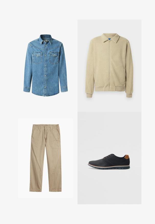Casaco de pelo bege com fecho de correr frontal, gola alta, dois bolsos laterais, punhos e barra canelados. A textura parece macia e confortável.; Camisa de ganga azul clara com mangas compridas, fecho frontal de botões, dois bolsos no peito e gola clássica. Apresenta um envelhecimento subtil e detalhes de costura.; Chinos bege de perna reta com passantes para cinto, fecho frontal com botão e fecho de correr, e bolsos frontais inclinados.; Sapatos sintéticos pretos com um upper texturizado, pormenores lisos, salto castanho e uma sola contrastante. Apresentam um sistema de atacadores mínimo e detalhes de costura.