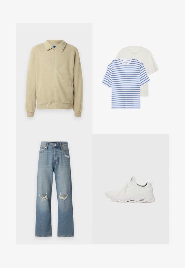 Casaco de pelo bege com fecho de correr frontal, gola alta, dois bolsos laterais, punhos e barra canelados. A textura parece macia e confortável.; Duas t-shirts de manga curta: uma branca com riscas azuis e uma em creme sólido claro. Material de algodão suave, design de gola redonda, ajuste confortável.; Jeans de denim azul claro com um design de perna reta. Apresentam dois rasgos nos joelhos e um fecho clássico com zíper e botão.; Ténis atléticos brancos com um superior em malha texturizada, atacadores planos e uma sola acolchoada com câmaras de ar visíveis para maior suporte.