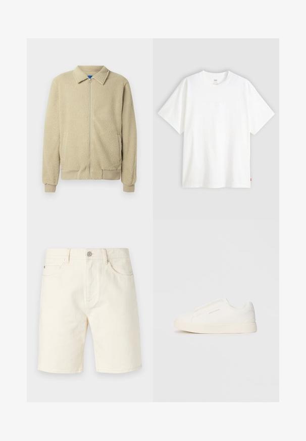Béžová fleecová bunda se zipem vpředu, stojáčkovým límcem, dvěma bočními kapsami, žebrovanými lemy na rukávech a spodním okraji. Textura působí měkce a příjemně.; Bílý krátký rukáv tričko vyrobené z bavlny s kulatým výstřihem. Na přední straně se nachází decentní embosované logo a červená cedulka na lemu.; Světlé béžové džíny kraťasy s klasickým střihem, vybavené předními kapsami, poutky na opasek a knoflíkovým zapínáním. Hladká textura s jednobarevným vzhledem.; Bílé slip-on tenisky s texturovaným povrchem, silnou podešví a minimalistickým designem. Na boku je umístěno logo značky.