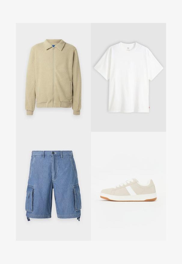 Beige fleece jacket with a zip front, stand collar, two side pockets, ribbed cuffs, and hem. The texture appears soft and cozy.; White short-sleeve t-shirt made of cotton with a crew neck. Features subtle embossed logo detail on the front and a red label at the hem.; Blue denim cargo shorts with a button closure, two front pockets, and two large side flap pockets. Includes adjustable drawstrings at the hem.; Beige sneaker with white accents, suede texture, rounded shape, lace-up design, and a contrasting gum rubber outsole.