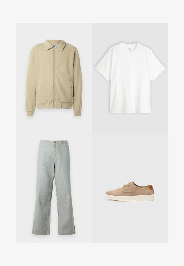 Beige fleecejakke med glidelås foran, ståkrage, to sidelommer, ribbekanter på ermer og nederst. Teksturen virker myk og koselig.; Hvit t-skjorte med korte ermer laget av bomull, med rund hals. Har diskret preget logo detalj foran og en rød etikett på kanten.; Stripete vide benbukser i blått og hvitt, med knappelukking, beltehemper, synlige sømmer og en avslappet passform.; Beige semskinnsko med rund tå, snøring foran og en teksturert bakre aksent. Hvit gummisåle gir kontrast. Enkelt og moderne design.