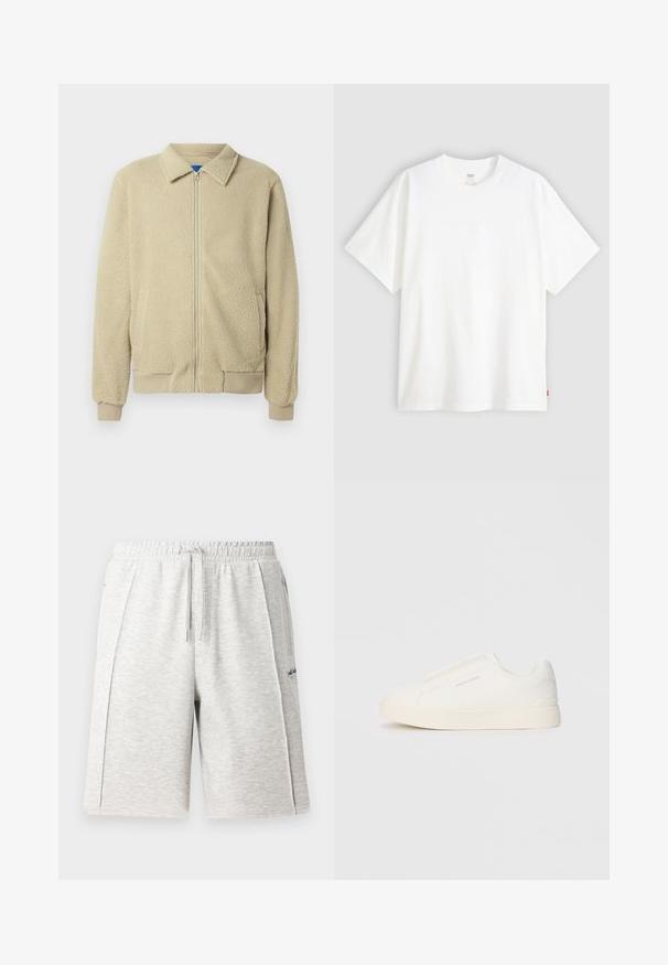 Beige fleece jacket with a zip front, stand collar, two side pockets, ribbed cuffs, and hem. The texture appears soft and cozy.; White short-sleeve t-shirt made of cotton with a crew neck. Features subtle embossed logo detail on the front and a red label at the hem.; Light grey, mid-length shorts made of soft material, featuring an elastic waistband with drawstring and side pockets. Subtle logo detail.; White slip-on sneakers with a textured surface, a thick sole, and minimalistic design. Features brand logo on the side.