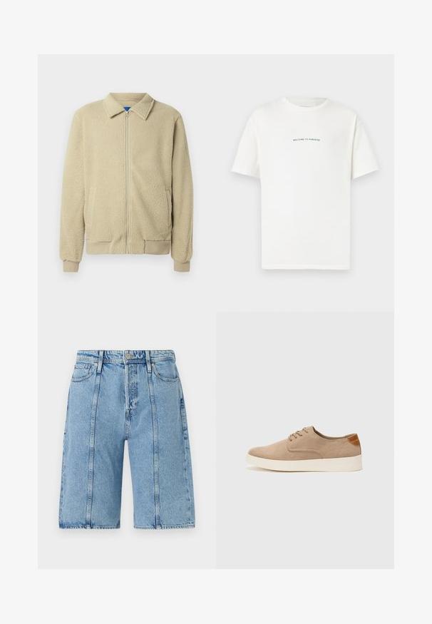 Smėlio spalvos flisinė striukė su priekiu užtrauktuku, stovinčiu apykakle, dviem šoninėmis kišenėmis, ribinėmis rankogaliais ir apatine briauna. Tekstūra atrodo minkšta ir jauki.; Balta medvilninė marškinėliai trumpomis rankovėmis ir apvaliu iškirpimu. Viduryje esantis tekstas sako "SVEIKI ATVYKĘ Į PARADISĄ" kreiptu žaliu šriftu.; Šviesiai mėlynos džinsinės šortai su tiesiu siluetu, penkių kišenių dizainu ir švelniu išblukimu, su metalinėmis sagomis ir siuvimo akcentais.; Bežiniai zomšiniai sportbačiai su apvaliomis pirštų dalimis, raišteliais priekyje ir tekstūruotu užkulniu. Balta guma suteikia kontrastą. Paprastas ir modernus dizainas.