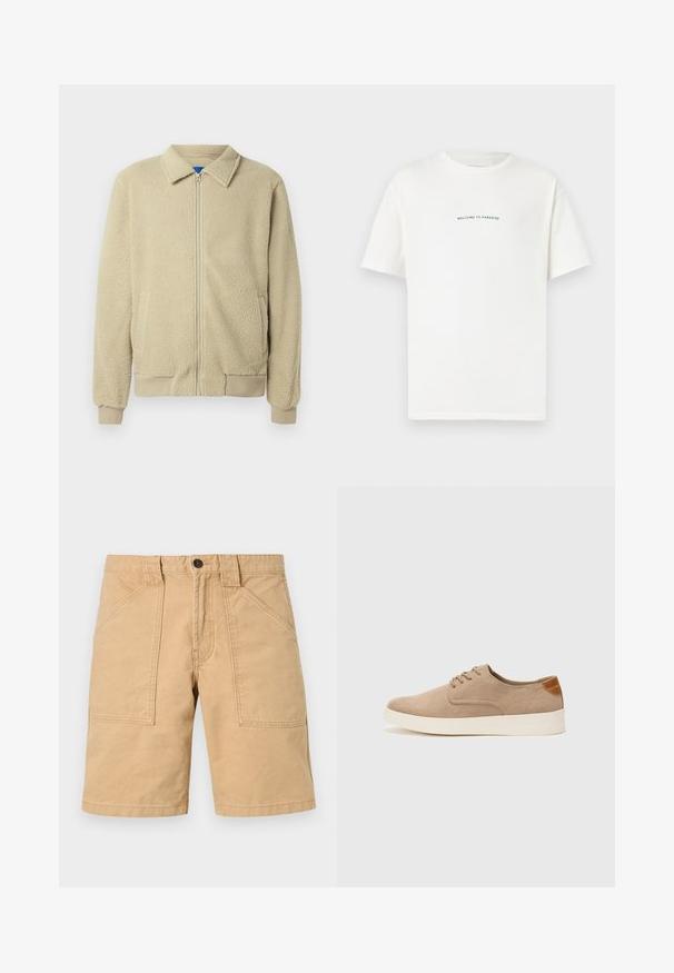 Veste en polaire beige avec fermeture éclair frontale, col montant, deux poches latérales, poignets et ourlet côtelés. La texture semble douce et confortable.; T-shirt en coton blanc à manches courtes et col rond. Le texte centré indique "BIENVENUE AU PARADIS" en une police verte courbée.; Shorts en kaki en coton avec une texture rugueuse, dotés de deux poches avant et d'une fermeture par bouton à la taille.; Baskets en daim beige avec un embout arrondi, un laçage sur le devant et un accent texturé à l'arrière. La semelle en caoutchouc blanche offre un contraste. Design simple et moderne.