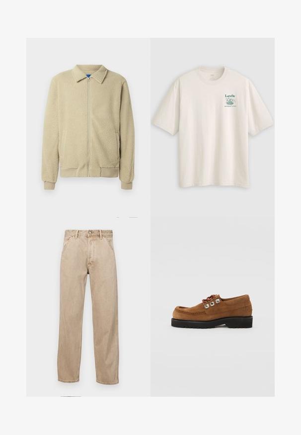 Giacca in pile beige con zip frontale, collo alto, due tasche laterali, polsini e orlo a costine. La texture appare morbida e accogliente.; T-shirt bianca in cotone con maniche corte, con logo Lev's verde e testo sul petto a sinistra. Vestibilità rilassata, tessuto liscio.; Jeans in denim beige con un design a gamba dritta, dotati di tasche frontali, chiusura con bottone metallico e una texture delicata.; Scarpe in suede marrone con punta rotonda, colletto imbottito e occhielli decorativi in tonalità argento. Suola in gomma nera per trazione e stabilità.