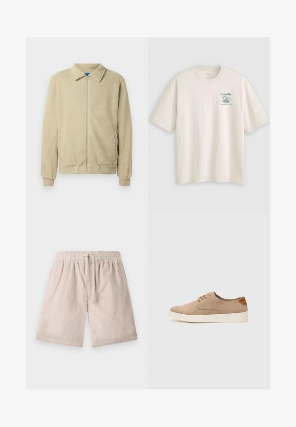 Chaqueta de forro polar beige con cremallera frontal, cuello alto, dos bolsillos laterales, puños y dobladillo acanalados. La textura parece suave y acogedora.; Camiseta blanca de algodón con mangas cortas, con un logo y texto verde de Lev's en el pecho izquierdo. Corte relajado, textura suave.; Pantalones cortos de pana beige con cintura elástica y cordón, que presentan textura de canalé vertical y bolsillos laterales.; Zapatillas de ante beige con puntera redondeada, cordones en la parte delantera y un acento texturizado en la parte trasera. La suela de goma blanca proporciona contraste. Diseño sencillo y moderno.