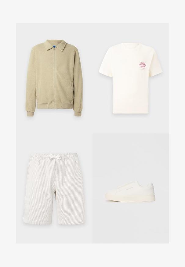 Beige fleece jacket with a zip front, stand collar, two side pockets, ribbed cuffs, and hem. The texture appears soft and cozy.; White short-sleeve T-shirt with red text "Studio Originals Edition" on left chest, displayed on a neutral gray background.; Light beige striped shorts with an elastic waistband and drawstring. The texture appears soft and fabric has a subtle vertical pattern.; White slip-on sneakers with a textured surface, a thick sole, and minimalistic design. Features brand logo on the side.