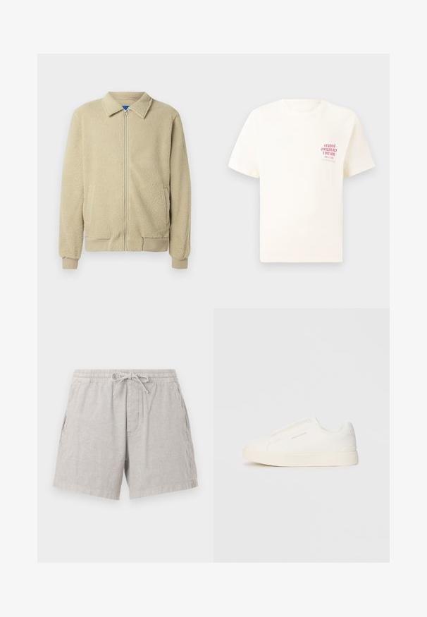 Beige fleecejack met een ritssluiting aan de voorkant, opstaande kraag, twee zijzakken, geribbelde manchetten en zoom. De textuur oogt zacht en gezellig.; Witte T-shirt met korte mouwen met rode tekst "Studio Originals Edition" op de linker borst, weergegeven op een neutrale grijze achtergrond.; Grijze linnen shorts met een elastische tailleband en een trekkoord. Voorzien van zijzakken en een relaxte pasvorm, met een subtiele textuur.; Witte instap sneakers met een gestructureerd oppervlak, een dikke zool en een minimalistisch ontwerp. Bevat het merklogo aan de zijkant.