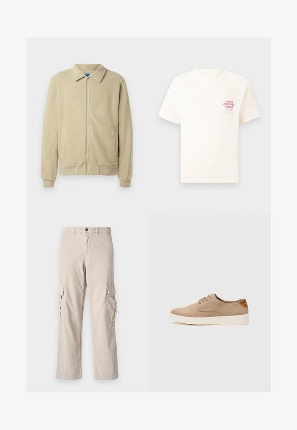 Beige fleece jacket with a zip front, stand collar, two side pockets, ribbed cuffs, and hem. The texture appears soft and cozy.; White short-sleeve T-shirt with red text "Studio Originals Edition" on left chest, displayed on a neutral gray background.; Beige corduroy cargo pants with two side pockets, a button closure, and a wide-leg cut; features vertical ribbing texture.; Beige suede sneakers with a rounded toe, lace-up front, and a textured back accent. White rubber sole provides contrast. Simple and modern design.