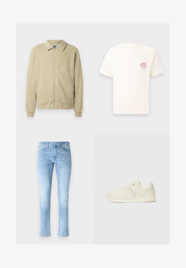 Bēša fleeces jaka ar rāvējslēdzēja priekšpusi, stāvu apkakli, divām sānu kabatām, ribām apstrādātām aprocēm un apakšu. Faktūra izskatās mīksta un patīkama.; Balts īsām piedurknēm T-krekls ar sarkanu tekstu "Studio Originals Edition" uz kreisā krūšu, pakārtots neitrālā pelēkā fonā.; Gai zilo džinsu bikses ar šauru piegriezumu, piecu kabatu dizainu un viegli izbalējušām detaļām, ar klasisku taisnu kāju griezumu un pogu aizdari.; Krēmbaltie sporta apavi ar perforētu detaļām, auklām un logotipu sānos, attēloti uz vienkārša baltā fona.