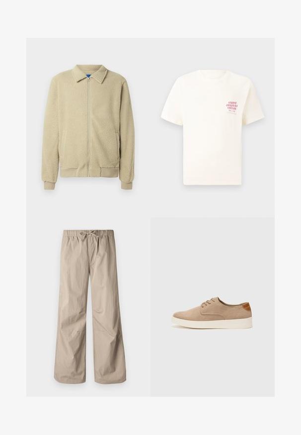 Giacca in pile beige con zip frontale, collo alto, due tasche laterali, polsini e orlo a costine. La texture appare morbida e accogliente.; T-shirt bianco a maniche corte con testo rosso "Studio Originals Edition" sul lato sinistro del petto, esposto su uno sfondo grigio neutro.; Pantaloni beige a gamba larga con vita elastica e cordino. Tessuto liscio, due tasche laterali e cuciture minime per una vestibilità rilassata.; Sneaker in suede beige con punta arrotondata, stringhe davanti e un accento testurizzato sul retro. La suola in gomma bianca offre un contrasto. Design semplice e moderno.