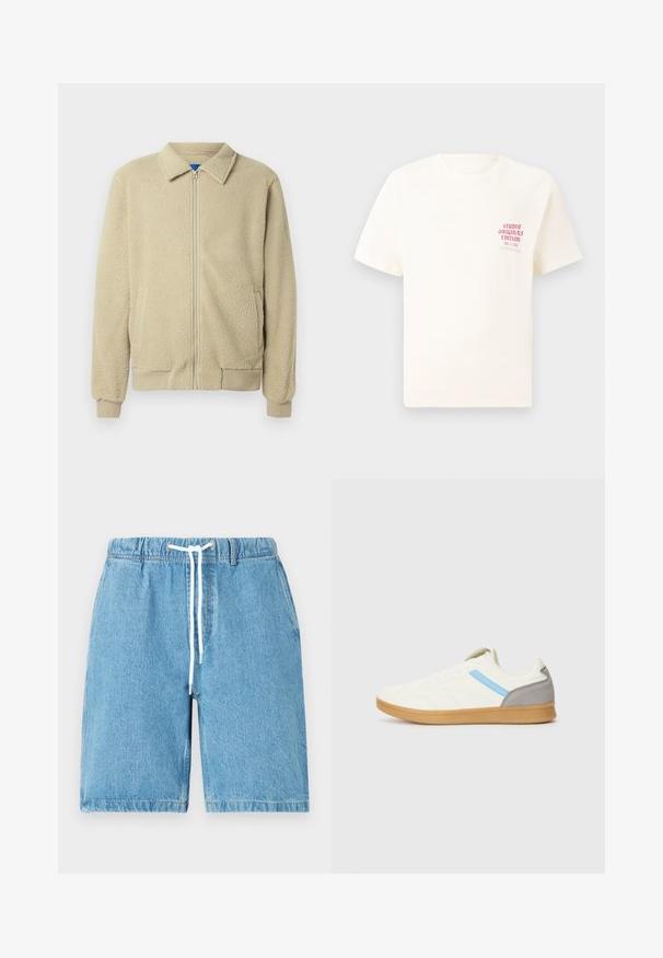 Giacca in pile beige con zip frontale, collo alto, due tasche laterali, polsini e orlo a costine. La texture appare morbida e accogliente.; T-shirt bianco a maniche corte con testo rosso "Studio Originals Edition" sul lato sinistro del petto, esposto su uno sfondo grigio neutro.; Shorts di jeans azzurro chiaro con una cintura elastica, cordoncino bianco e una vestibilità rilassata. Presentano una texture liscia e bordi rifiniti.; Sneaker con una parte superiore color crema, striscia laterale blu e accentuazione grigia sul tallone. Presenta un design testurizzato e suola in gomma naturale.