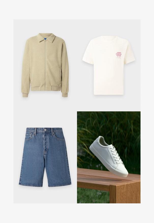 Μπεζ φλις μπουφάν με φερμουάρ μπροστά, όρθιο γιακά, δύο πλαϊνές τσέπες, ριμπ μανσέτες και τελείωμα. Η υφή φαίνεται απαλή και ζεστή.; Άσπρη κοντομάνικη μπλούζα με κόκκινο κείμενο "Studio Originals Edition" στο αριστερό στήθος, παρουσιασμένη σε ουδέτερο γκρι φόντο.; Τζιν σορτσάκια σε ανοιχτό γαλάζιο με ξεθωριασμένη υφή, πέντε τσέπες και κουμπί κλεισίματος στη μέση.; Λευκά sneakers με κορδόνια που αιωρούνται πάνω από ξύλινο παγκάκι με πράσινη βλάστηση στο φόντο, επιδεικνύοντας το σχέδιο και την υφή του παπουτσιού.