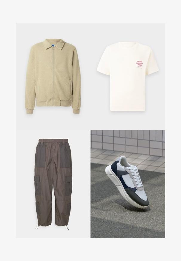 Beežika värvi fliisjope, esikinnitus lukuga, püstkrae, kaks küljetaskut, soonikuga varrukaotsad ja servad. Tekstuur tundub pehme ja hubane.; Valge lühikeste varrukatega T-särk, millel on vasakul rinnal punane tekst "Studio Originals Edition", esitatud neutraalsel hallil taustal.; Pier One Kargopüksid - dark grey; Valge, mereväe sinine ja hall spordijalats, millel on segatud materjalide disain, tekstureeritud ülemine osa, lame pael ja pehme talla.