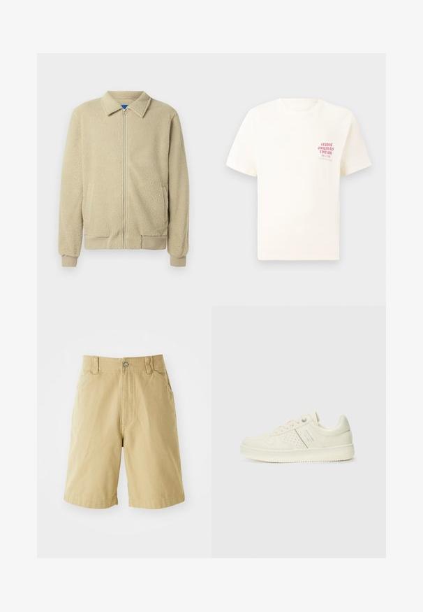 Beige polárdzseki cipzárral az elején, álló gallérral, két oldalzsebbel, bordázott mandzsettával és szegéllyel. Az anyag puha és kényelmes tapintású.; Fehér, rövid ujjú póló, bal mellen piros szöveggel "Studio Originals Edition", semleges szürke háttér előtt.; Kemeja anyagú khaki rövidnadrág, cipzáros fly-vel, gombos záródással, két oldalsó zsebbel és laza szabással. Simára kidolgozott textúra, térd középig érő dizájn.; Krém színű sneaker perforált részletekkel, fűzőkkel és logóval az oldalán, egy sima fehér háttér előtt kiállítva.