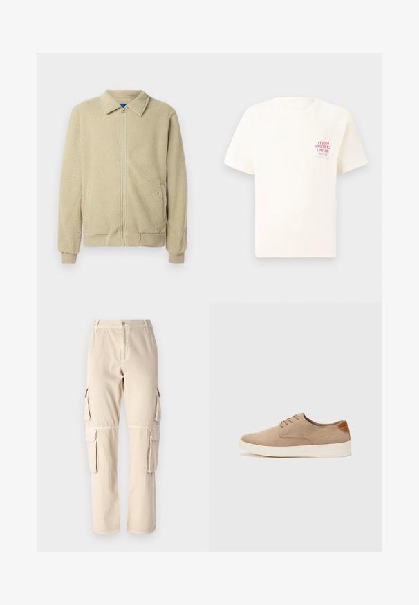 Giacca in pile beige con zip frontale, collo alto, due tasche laterali, polsini e orlo a costine. La texture appare morbida e accogliente.; T-shirt bianco a maniche corte con testo rosso "Studio Originals Edition" sul lato sinistro del petto, esposto su uno sfondo grigio neutro.; Pantaloni cargo beige in cotone. Caratterizzati da tasche laterali, design a gamba dritta e chiusura con bottone in vita. Dettagli di cucitura semplici.; Sneaker in suede beige con punta arrotondata, stringhe davanti e un accento testurizzato sul retro. La suola in gomma bianca offre un contrasto. Design semplice e moderno.