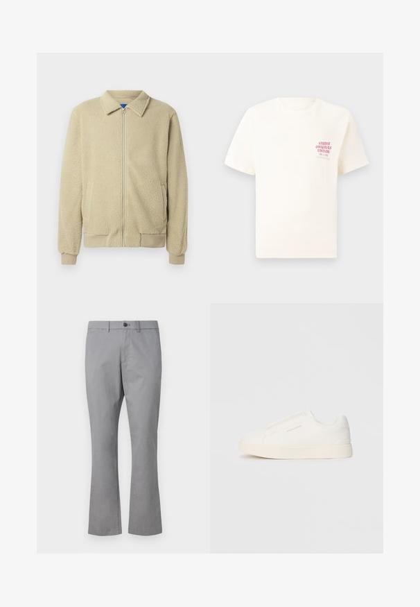 Béžová fleecová bunda se zipem vpředu, stojáčkovým límcem, dvěma bočními kapsami, žebrovanými lemy na rukávech a spodním okraji. Textura působí měkce a příjemně.; Bílý krátký rukávový tričko s červeným textem "Studio Originals Edition" na levé hrudi, vystavené na neutrálním šedém pozadí.; GAP SLIM PERFORMANCE STRETCH - Chino kalhoty - pilot grey; Bílé slip-on tenisky s texturovaným povrchem, silnou podešví a minimalistickým designem. Na boku je umístěno logo značky.