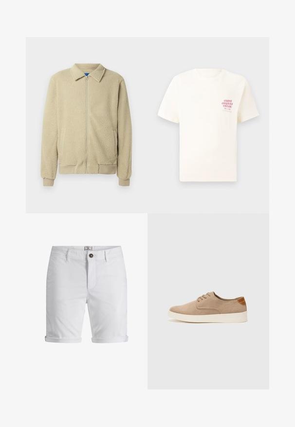 Beige fleecejack met een ritssluiting aan de voorkant, opstaande kraag, twee zijzakken, geribbelde manchetten en zoom. De textuur oogt zacht en gezellig.; Witte T-shirt met korte mouwen met rode tekst "Studio Originals Edition" op de linker borst, weergegeven op een neutrale grijze achtergrond.; Witte katoenen shorts met een opgerolde zoom, voorzien van een knoopsluiting, zijzakken en een gestructureerde stof. Standaard pasvorm.; Beige suède sneakers met een ronde neus, vetersluiting aan de voorkant en een getextureerde achteraccent. De witte rubberen zool zorgt voor contrast. Eenvoudig en modern ontwerp.