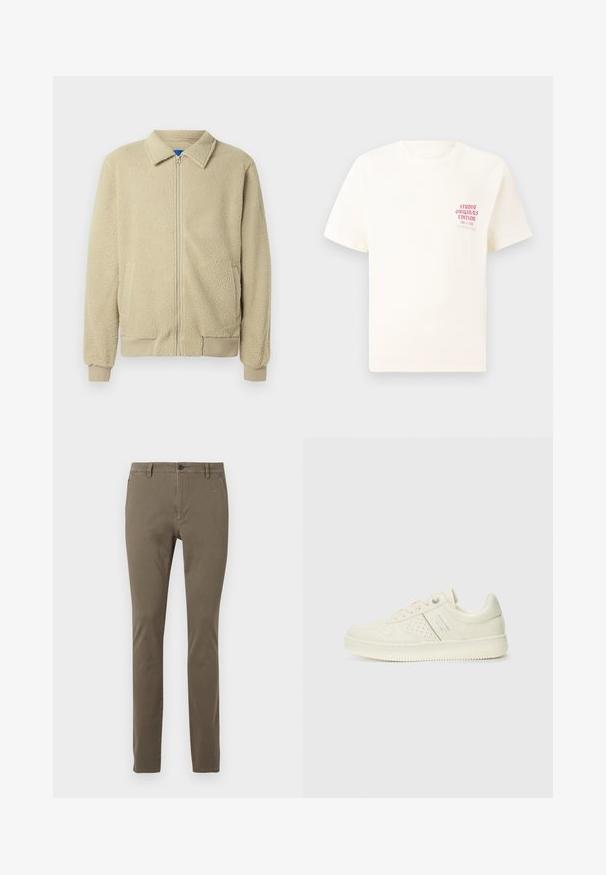 Bež flis jakna sa patentnim zatvaračem sprijeda, uspravnim ovratnikom, dva bočna džepa, rebrastim manšetama i rubom. Tekstura izgleda mekano i udobno.; Bijela kratka majica s kratkim rukavima s crvenim natpisom "Studio Originals Edition" na lijevoj strani grudi, prikazana na neutralnoj sivoj pozadini.; Uske uski krojačine bež hlače uskog kroja s petljama za pojas, prednjim dugmetom, zatvaračem te bočnim džepovima, prikazane na bijeloj pozadini.; Kremasto bijele tenisice s perforiranim detaljima, vezicama i logotipom s bočne strane, prikazane na jednostavnoj bijeloj pozadini.