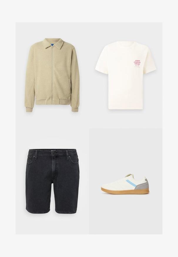 Bēša fleeces jaka ar rāvējslēdzēja priekšpusi, stāvu apkakli, divām sānu kabatām, ribām apstrādātām aprocēm un apakšu. Faktūra izskatās mīksta un patīkama.; Balts īsām piedurknēm T-krekls ar sarkanu tekstu "Studio Originals Edition" uz kreisā krūšu, pakārtots neitrālā pelēkā fonā.; Melni džinsu šorti ar klasisku dizainu, kas ietver priekšējo pogu aizsegu, jostas cilpas un piecu kabatu stilu. Nedaudz izbalējusi tekstūra.; Skeči ar krēma krāsas augšdaļu, zilu sānu svītru un pelēku papēža akcentu. Piedāvā teksturētu dizainu un gumijas zoli.