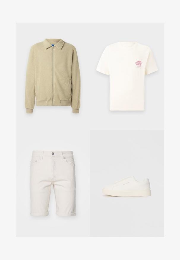 Beige Fleecejacke mit durchgehendem Reißverschluss, Stehkragen, zwei Seitentaschen, gerippten Bündchen und Saum. Die Textur wirkt weich und gemütlich.; Weißes T-Shirt mit kurzen Ärmeln und rotem Text "Studio Originals Edition" auf der linken Brust, präsentiert vor einem neutralen grauen Hintergrund.; Weiße Baumwoll-Jeansshorts mit umgeschlagenen Säumen, ausgestattet mit fünf Taschen, einem Knopfverschluss und subtiler Textur.; Weiße Slip-On-Sneaker mit einer strukturierten Oberfläche, dicker Sohle und minimalistischem Design. Mit Logo der Marke an der Seite.