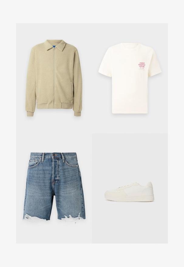 Smėlio spalvos flisinė striukė su priekiu užtrauktuku, stovinčiu apykakle, dviem šoninėmis kišenėmis, ribinėmis rankogaliais ir apatine briauna. Tekstūra atrodo minkšta ir jauki.; Balta trumpa rankovėmis marškinėliai su raudonu užrašu "Studio Originals Edition" kairiajame krūtinės šone, rodomi neutralioje pilkoje aplinkoje.; Šviesiai mėlynos džinsinės šortai su nusidėvėjusiu apačiu, penkių kišenių dizainu ir matomomis siūlėmis. Yra mygtukų užsegimas juosmens srityje.; Balti sportbačiai su lygiąja odos viršutine dalimi ir zomšo akcentais. Juose yra perforuota nosis, plokščios raišteliai ir guminė padai su tekstūruotu elementu.