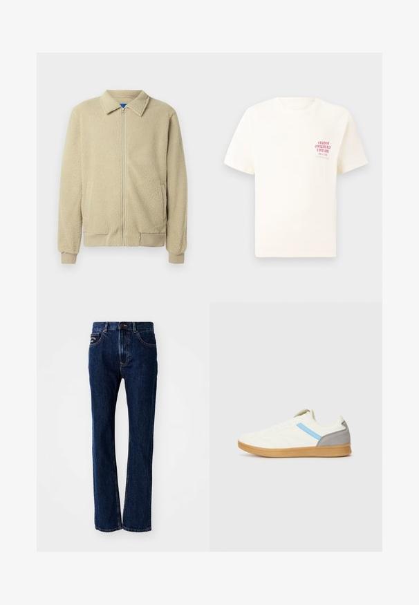 Beežika värvi fliisjope, esikinnitus lukuga, püstkrae, kaks küljetaskut, soonikuga varrukaotsad ja servad. Tekstuur tundub pehme ja hubane.; Valge lühikeste varrukatega T-särk, millel on vasakul rinnal punane tekst "Studio Originals Edition", esitatud neutraalsel hallil taustal.; Tumed sinine teksapüksid otse jala kujundusega, millel on kaks esikäsku ja nupuga kinnitus. Peened õmblusdetailid.; Kreemjas ülaosas sneakerid, sinise küljeriba ja halli kontsa aktsendiga. Omab tekstuurset disaini ja kummist tallat.