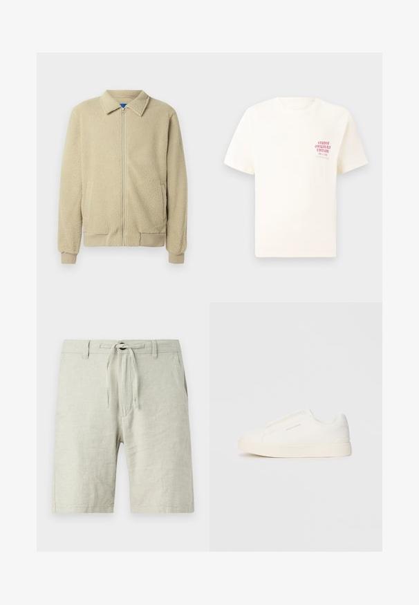 Smėlio spalvos flisinė striukė su priekiu užtrauktuku, stovinčiu apykakle, dviem šoninėmis kišenėmis, ribinėmis rankogaliais ir apatine briauna. Tekstūra atrodo minkšta ir jauki.; Balta trumpa rankovėmis marškinėliai su raudonu užrašu "Studio Originals Edition" kairiajame krūtinės šone, rodomi neutralioje pilkoje aplinkoje.; Šviesiai pilki lininiai šortai su elastingu raišteliu, šoninėmis kišenėmis ir laisvu siluetu. Tekstūruota medžiaga su lengvu blizgesiu.; Baltos slip-on sportbačiai su tekstūruota paviršiumi, storesniu padu ir minimalistišku dizainu. Šone matosi prekės ženklo logotipas.